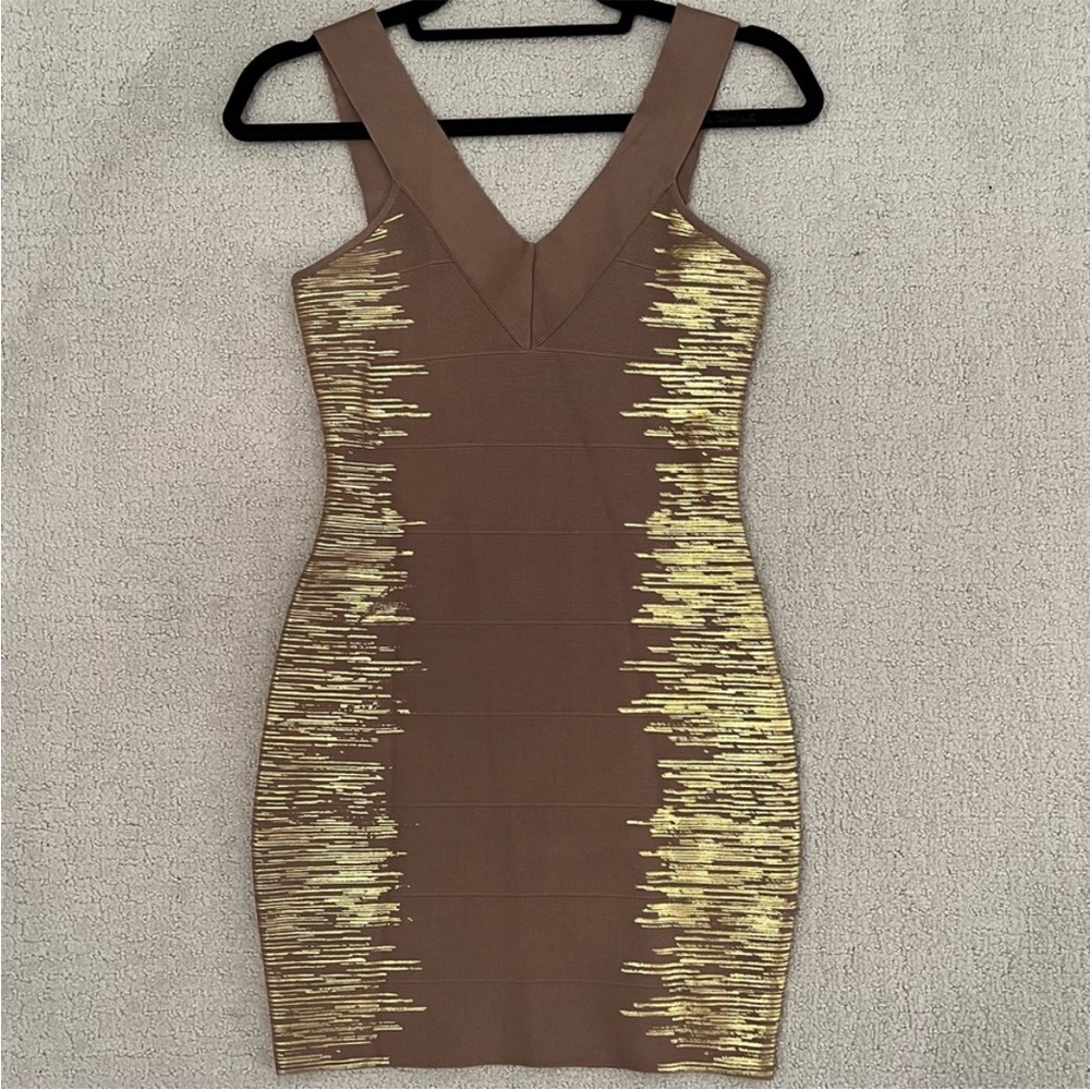 Guess Tan with Gold Metallic Bandage Dress. Size Small
